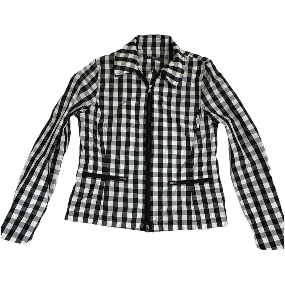 Lauren Ralph Lauren Gingham Check Jacket M Zip Front Black White Women's EUC